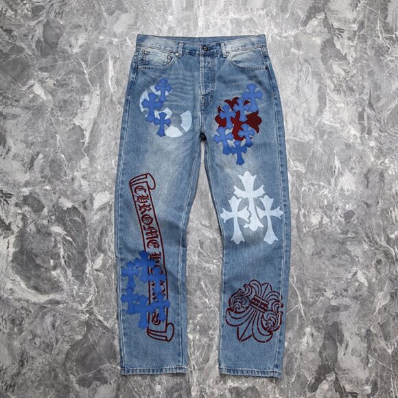 Chrome Heart Leather Patch Jeans - Picture 1 of 10